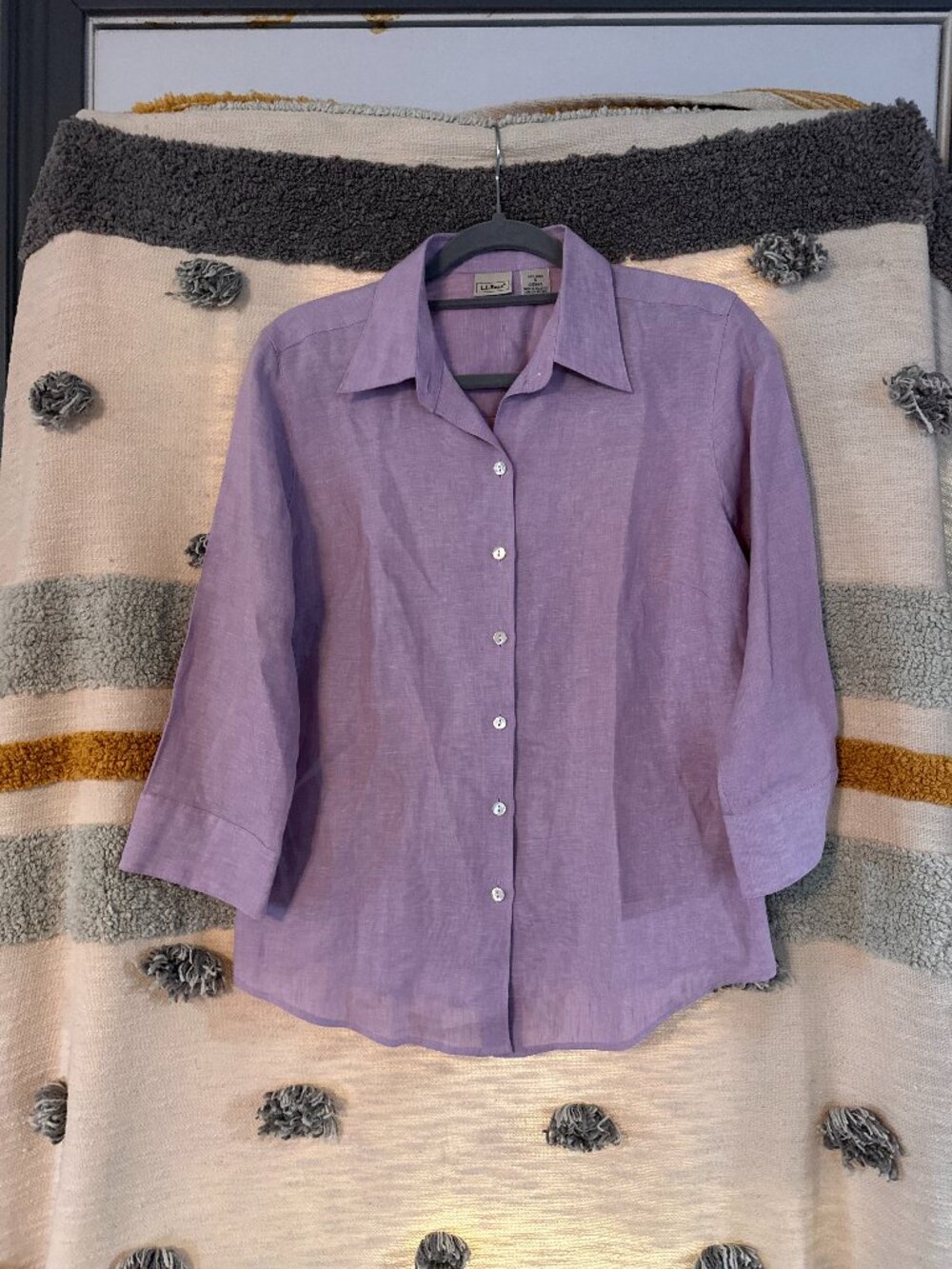 LL Bean Lilac Purple Linen Button Front Shirt 3/4 Sleeve Size Small